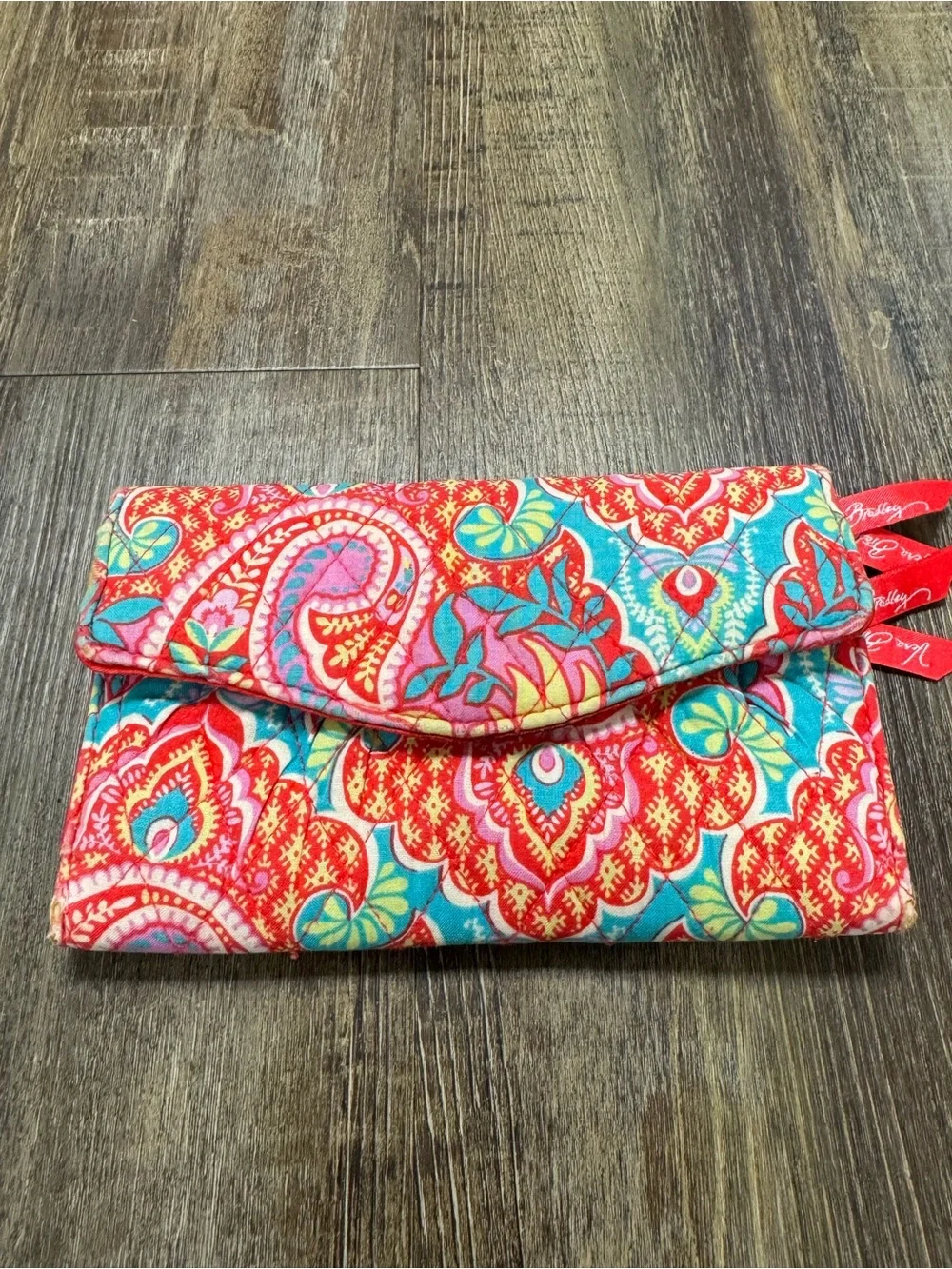 Vera Bradley‎ Quilted Paisley Foldover Clutch -Red Turquoise Wear On The Corners